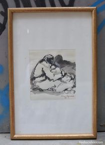 Arte: Roser Vilar Aymerich, mujer con niño en brazos, 1978, acuarela, firmada, con marco. 20x18,5cm